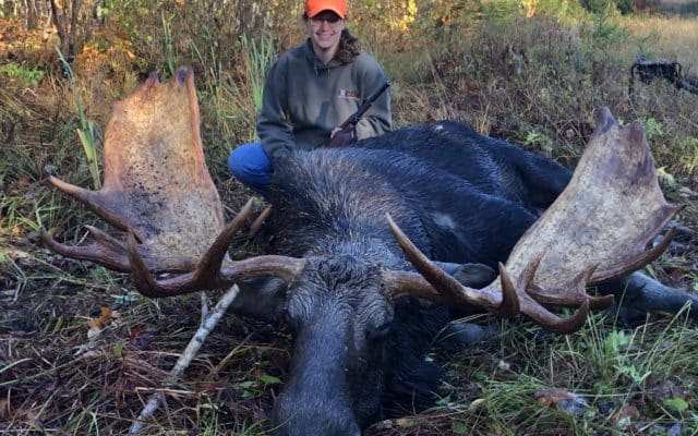 A female hunter sitting with a dead moose holding a gun