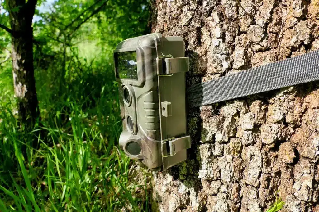 A trail camera attached to a tree trunk