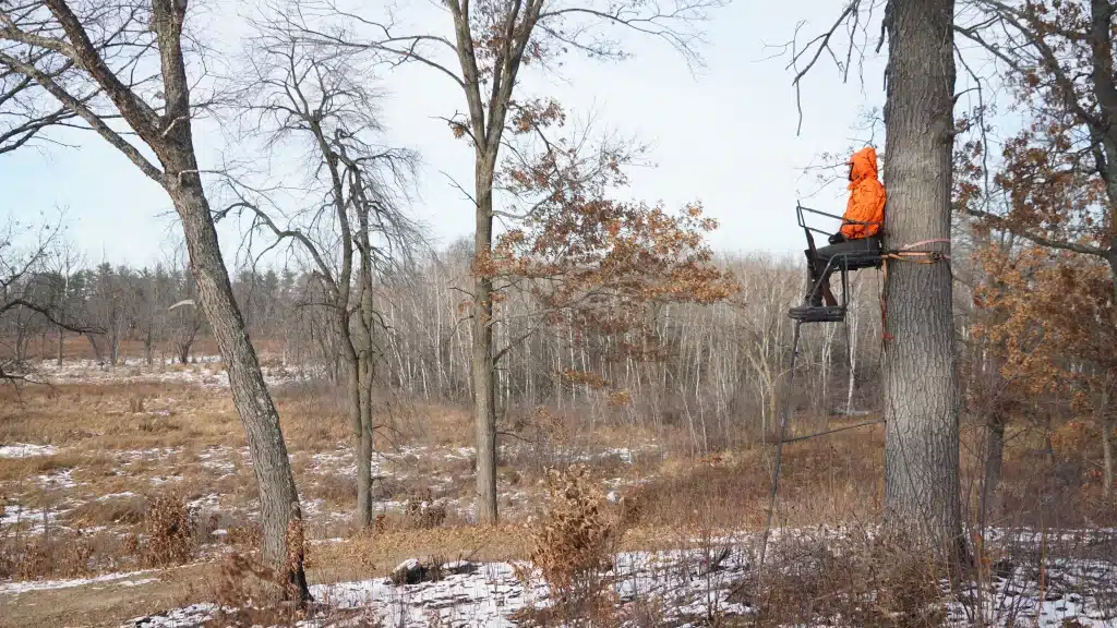 A view of a hunter sitting on a tree stand in a forest