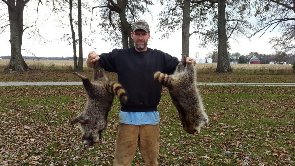 a Hunter carrying two dead raccoons in a forest