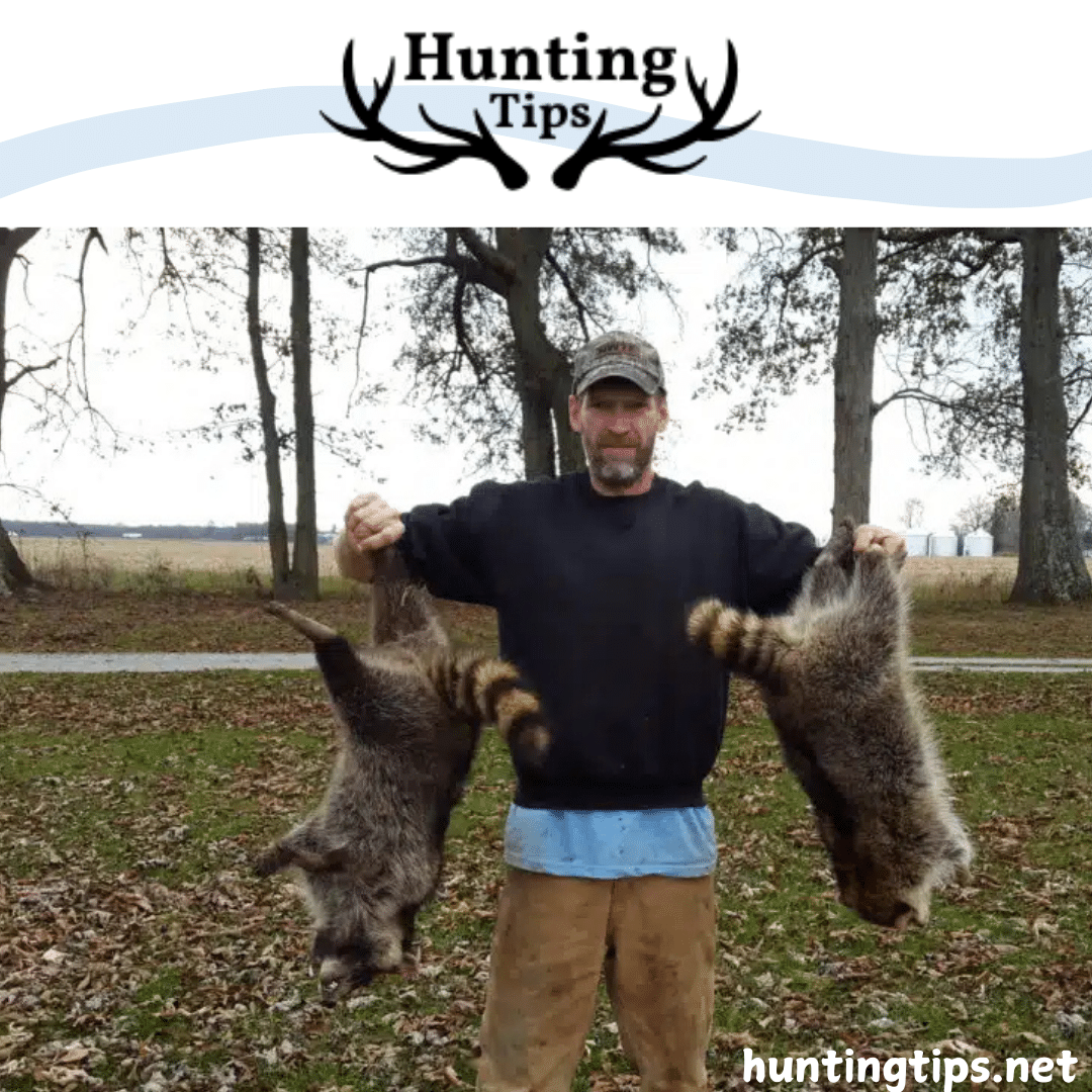 a hunter carrying two dead racoons in his hands