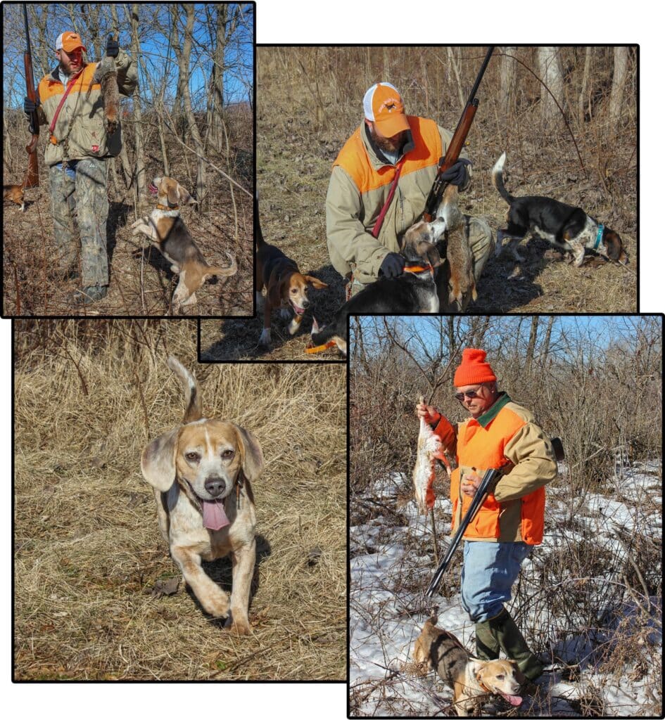 a person with the hunted rabbit and pet dog